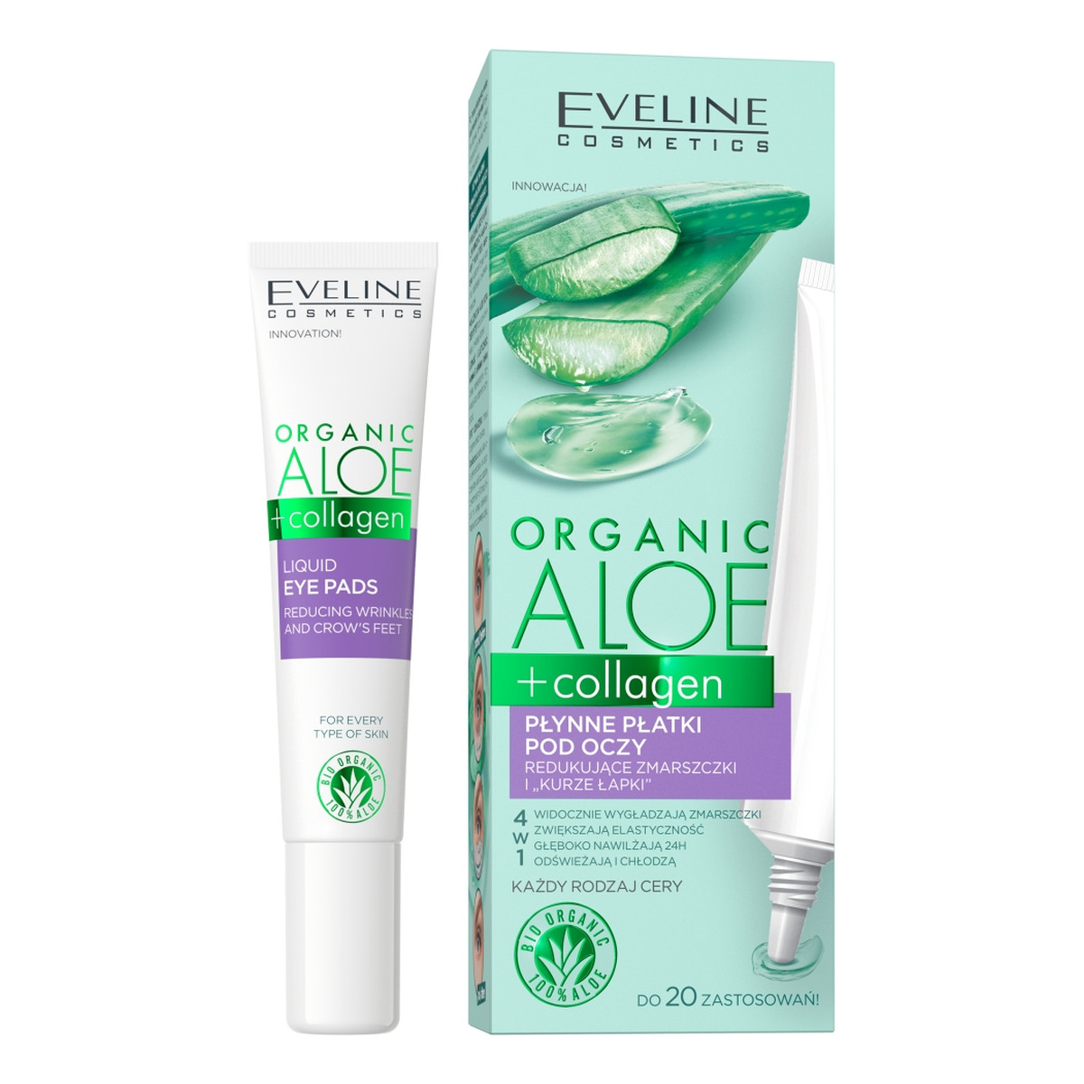 Eveline Organic aloe + collagen płynne płatki pod oczy redukujące zmarszczki i kurze łapki 4w1