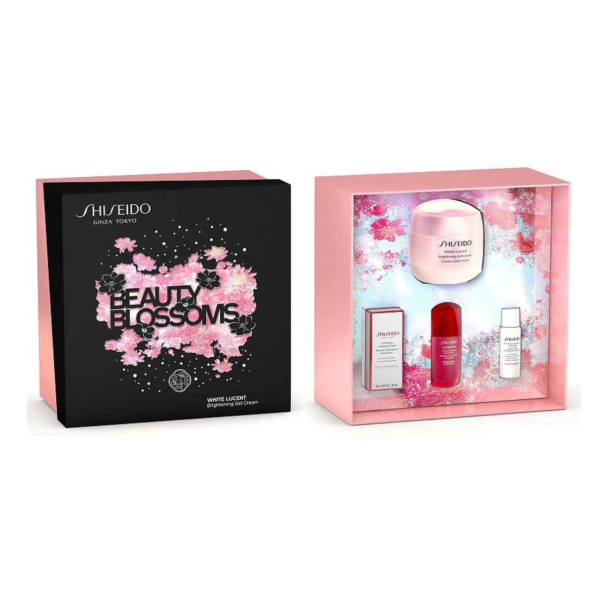 Shiseido Beauty Blossoms Zestaw white lucent brightening gel cream 50ml + clarifying cleansing foam 5ml + trearment siftener enriched 7ml + power infusing concentrate 10ml