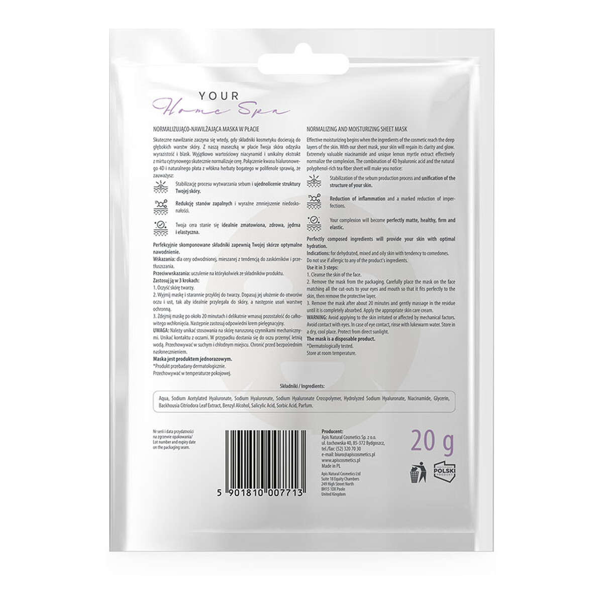 Apis Normalizująco-nawilżająca maska w płacie 20g