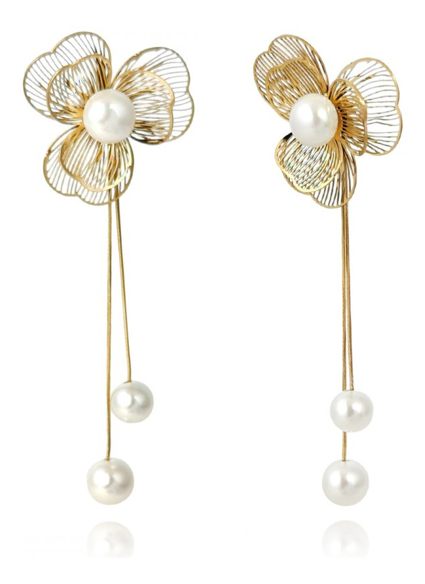 Kolczyki ze stali szlachetnej platerowane 14k złotem, Kwiaty, Perełki, Kst3361