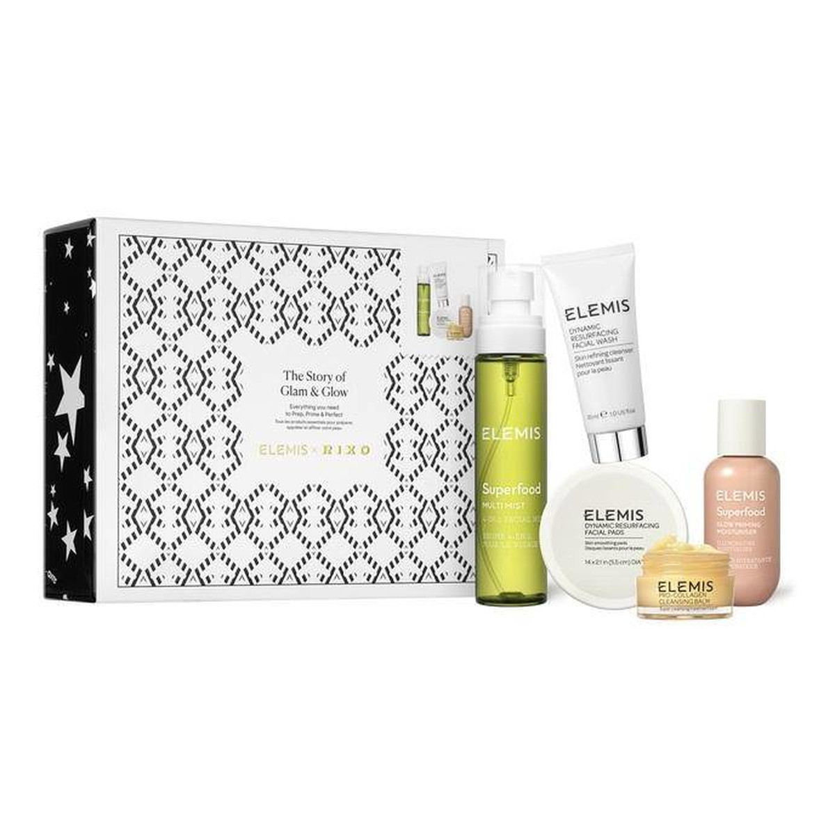 Elemis The Story of Glam & Glow Zestaw prezentowy Cleansing Balm + Dynamic Resurfacing Facial Wash + Dynamic Resurfacing Facial Pads + Glow Priming Moisturiser + Superfood Multi Mist