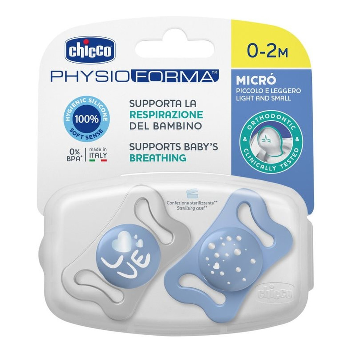 Chicco PhysioForma silikonowy smoczek do uspokajania Micro 0-2m+ Niebieski 2szt.