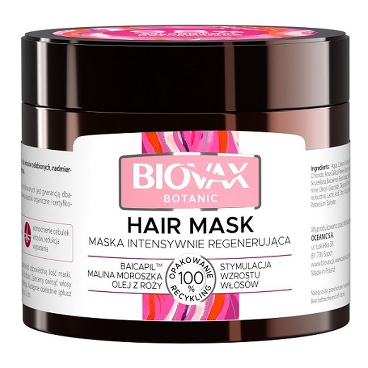 Biovax Botanic Maska do włosów intensywnie regenerująca - Malina Moroszka, Baicapil, Olej z Róży 250ml