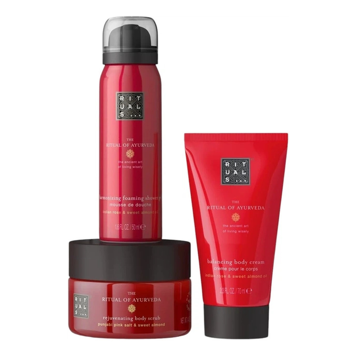 Rituals The Ritual Of Ayurveda Pianka pod prysznic 50 ml + Krem do ciała 70 ml + Peeling do ciała 125g 50ml