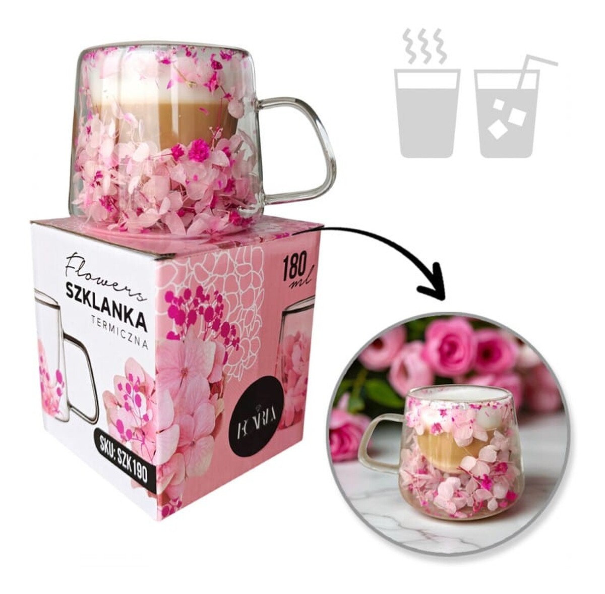 Szklanka termiczna z kwiatami w środku