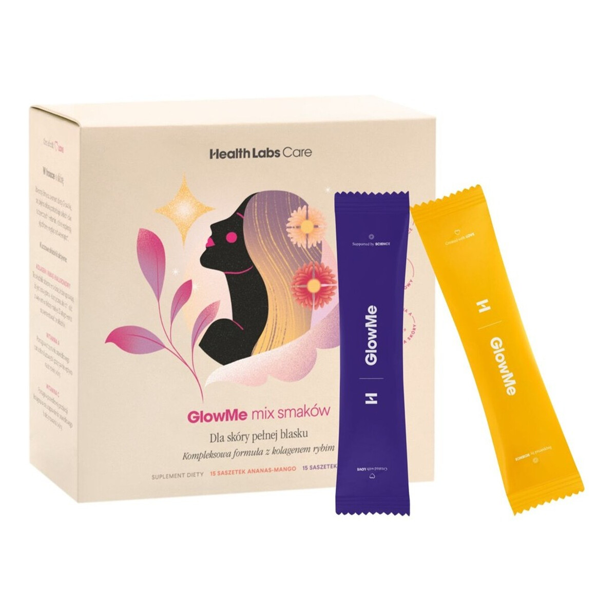 HealthLabs Glowme suplement diety dla skóry spragnionej blasku ananas-mango i malina 30 saszetek