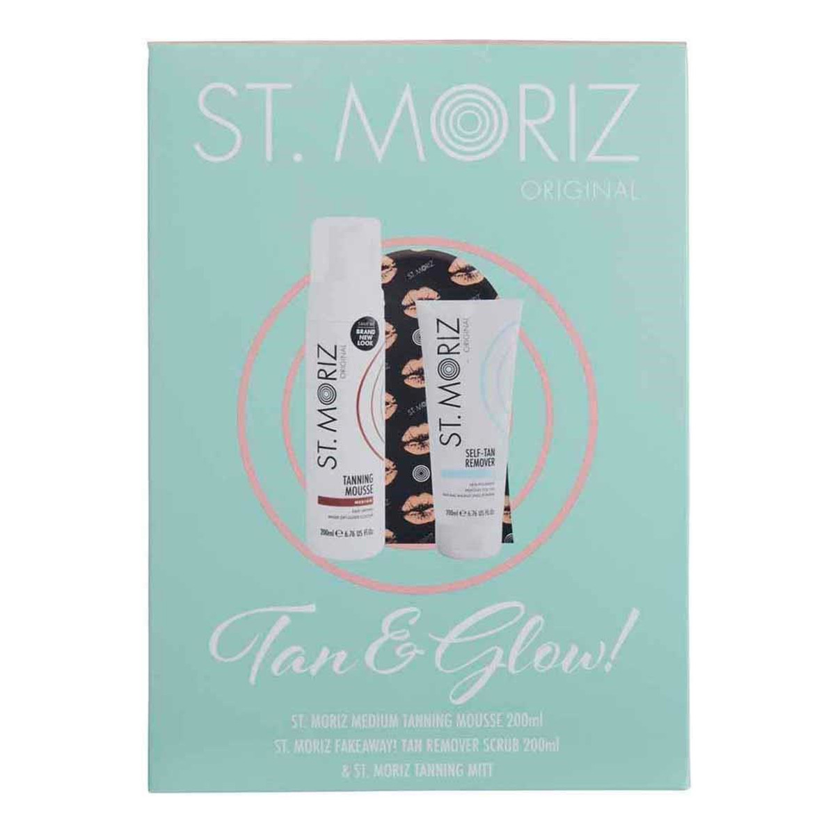 St. Moriz Tan & Glow Zestaw Box Medium Tanning Mousse 200ml + Fakeaway Remover Scrub Rękawica 415ml