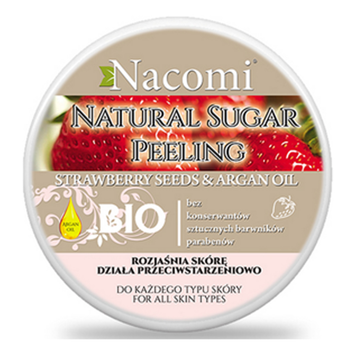 Nacomi Strawberry Seeds & Argan Oil Natural Sugar Peeling Peeling Cukrowy Truskawka Olej Arganowy Rozjaśnia skórę Działa przeciwstarzeniowo 100ml