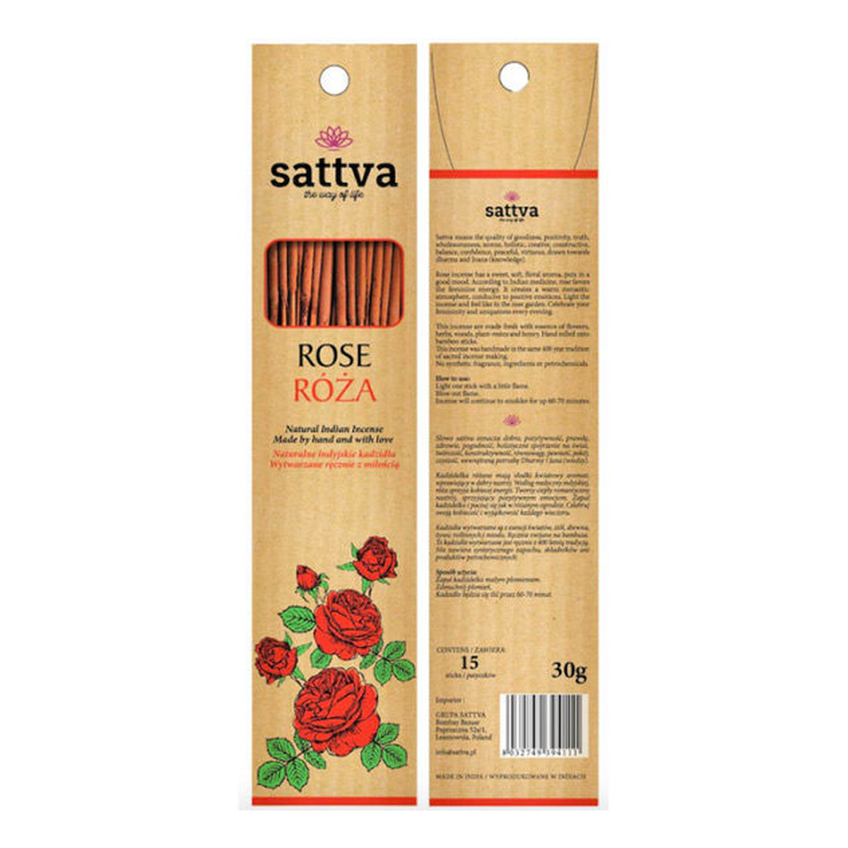 Sattva Naturalne Indyjskie Kadzidła Wytwarzane Ręcznie Z Miłością Róża 15szt 30g