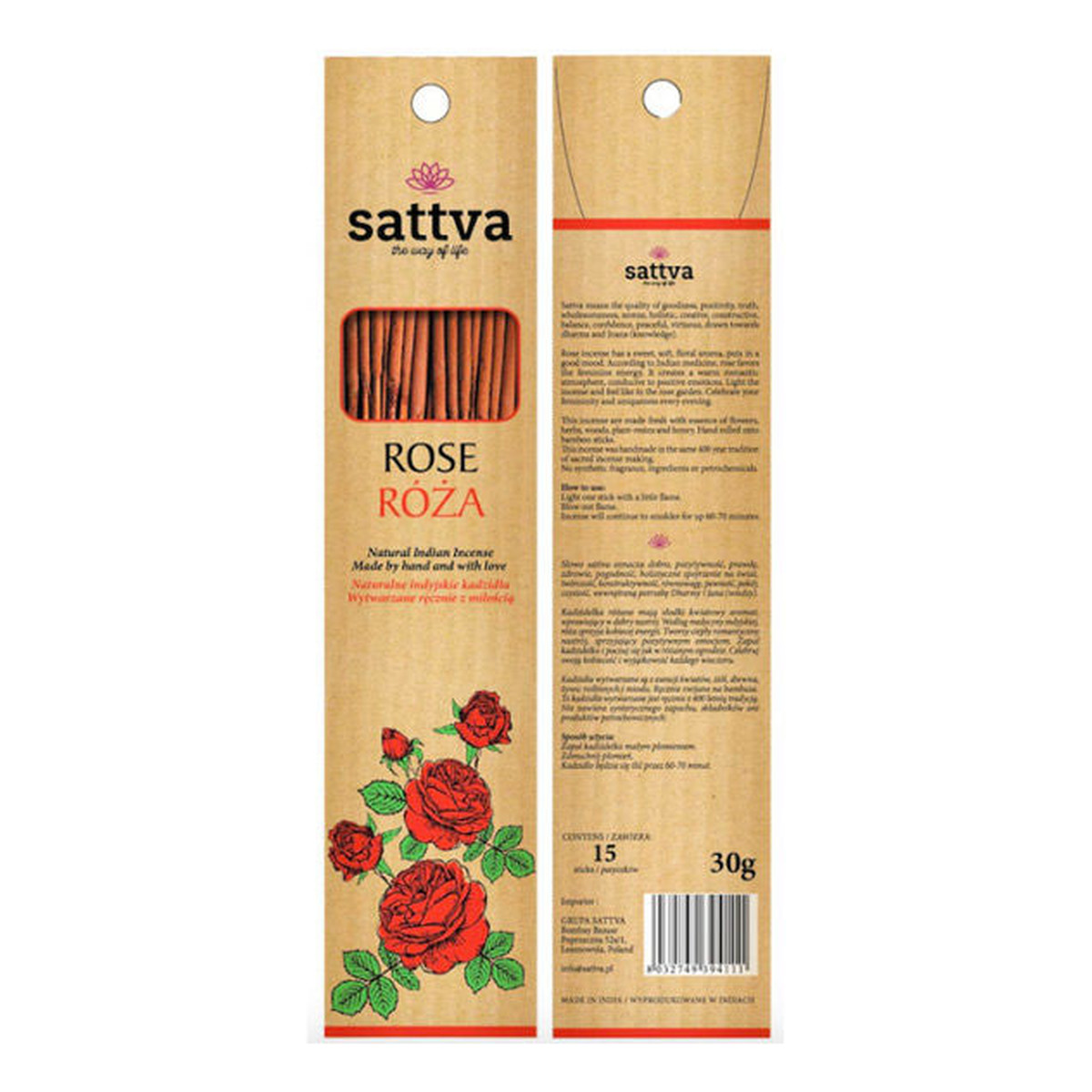 Sattva Naturalne Indyjskie Kadzidła Wytwarzane Ręcznie Z Miłością Róża 15szt x4