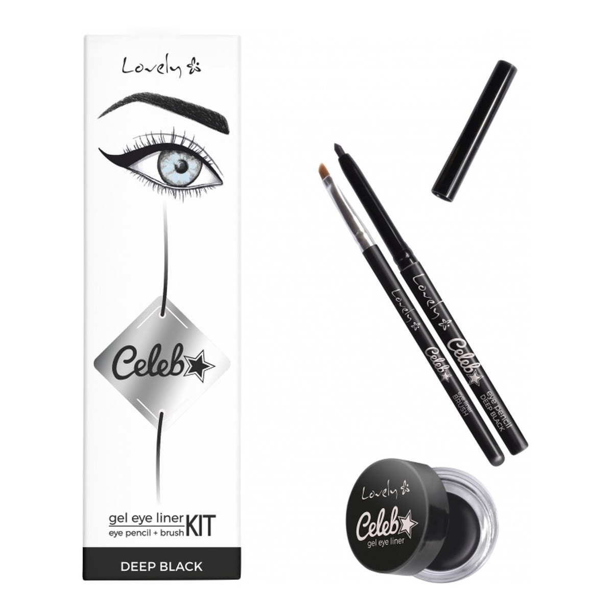 Lovely Celeb zestaw Gel Eye Liner żelowy eyeliner Black + kredka do oczu Black + pędzelek