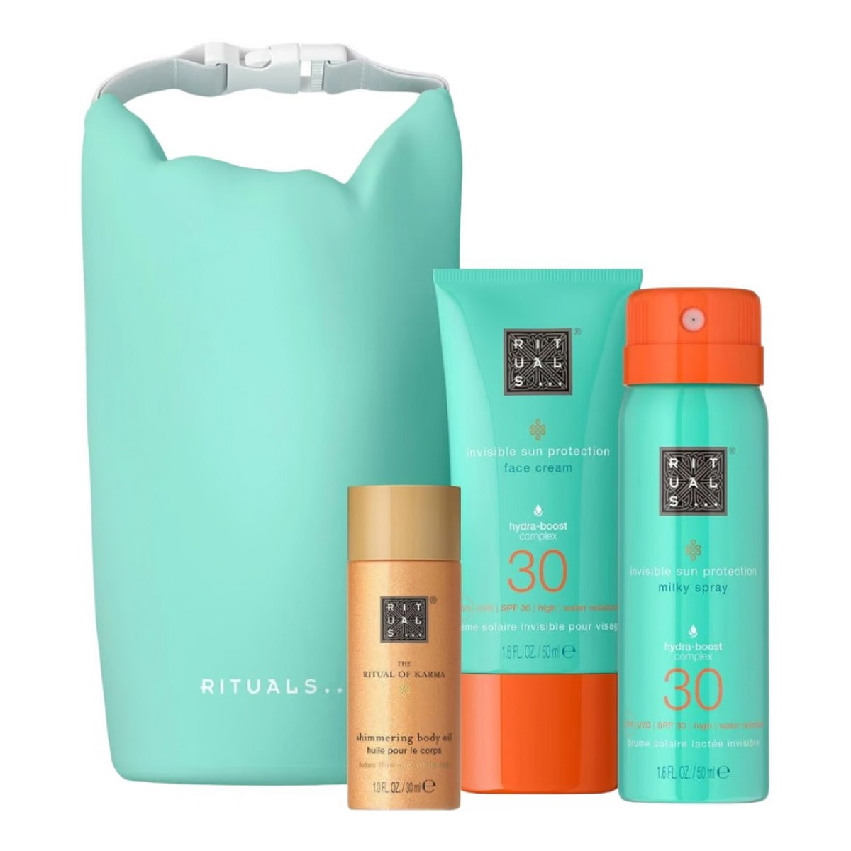 Rituals The Ritual of Karma zestaw błyszczący olejek do ciała 30ml + krem do twarzy SPF30 50ml + mleczko do opalania w sprayu SPF30 50ml