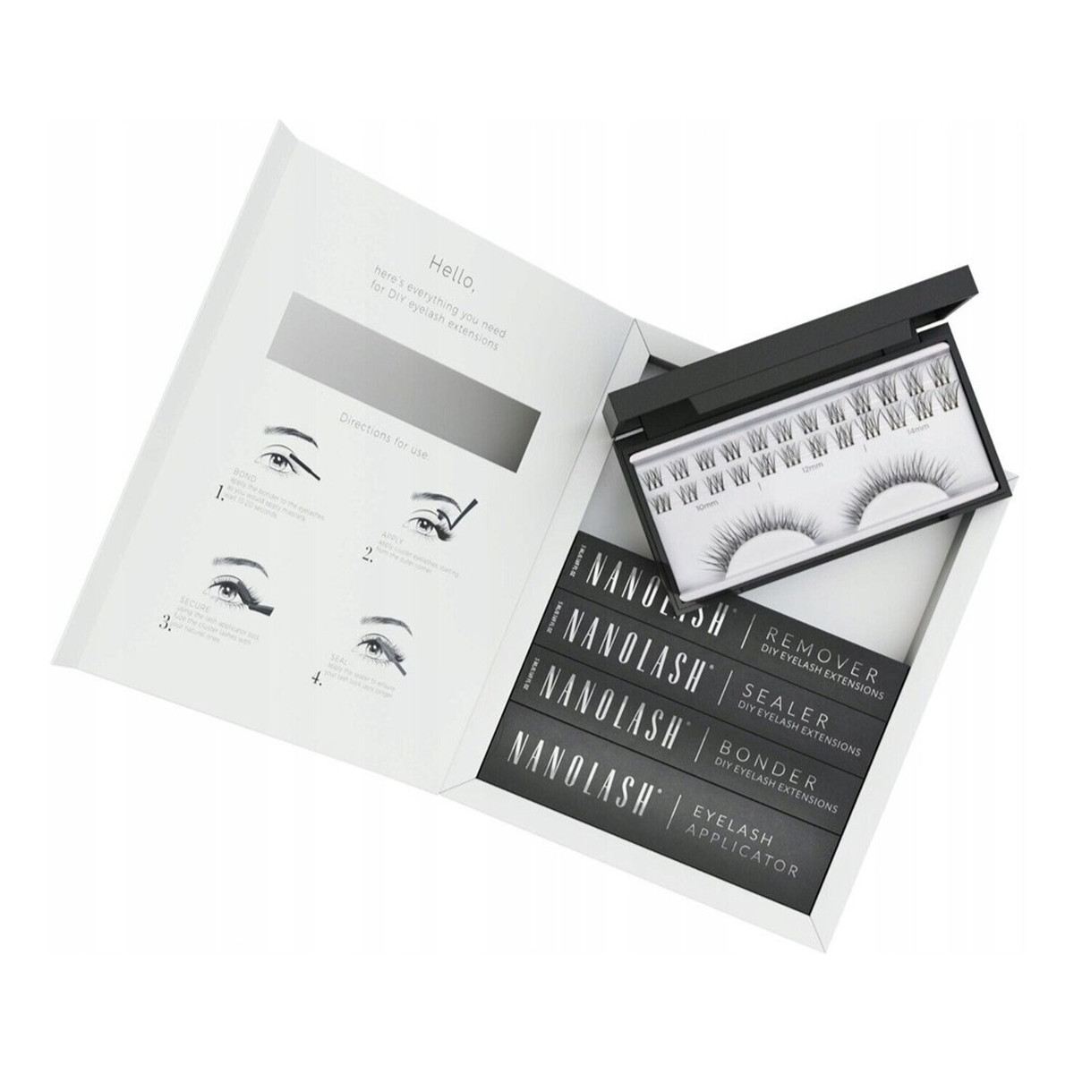 Nanolash DIY Extensions Starter Kit Zestaw sztuczne rzęsy 10.12.14mm innocent 36szt. + bonder do rzęs 5ml + sealer do rzęs 5ml + aplikator do rzęs 1szt. + remover do rzęs 5ml