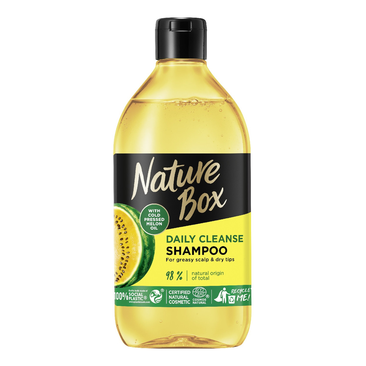Nature Box Melon oil szampon do włosów oczyszczający do przetłuszczającej się skóry głowy i wysuszonych końcówek z olejem z pestek z żółtego arbuza 385ml