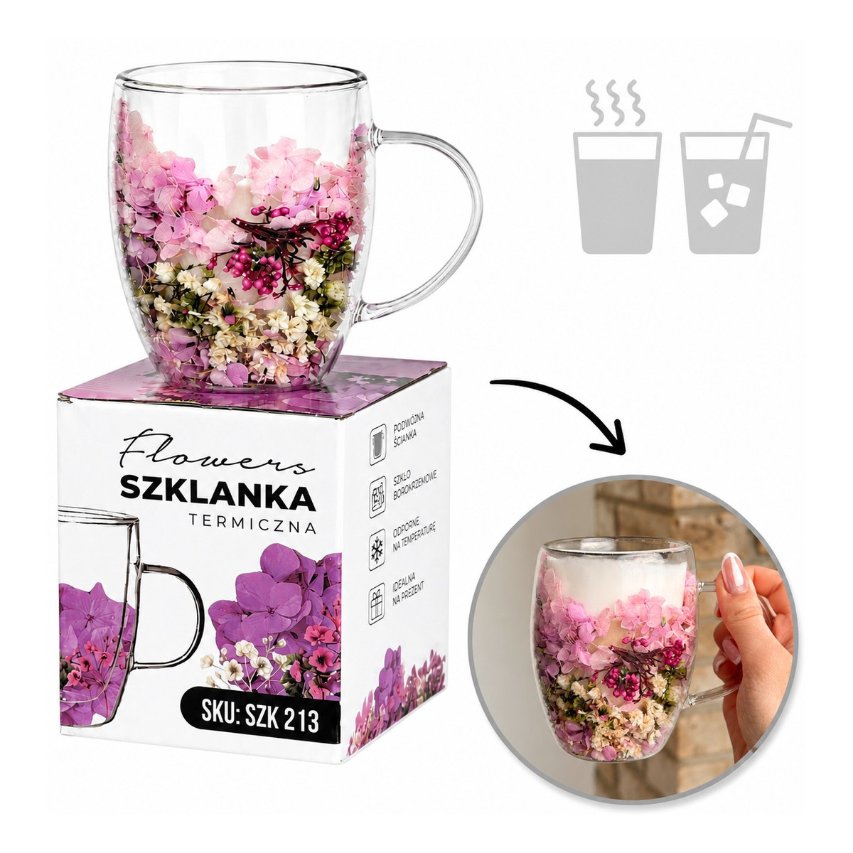 Ecarla Szklanka termiczna z kwiatami w środku, wrzos, różowa hortensja SZK213 szt. 300ml