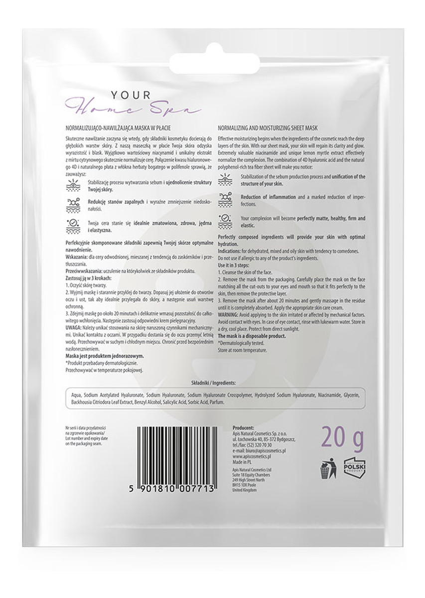 Normalizująco-nawilżająca maska w płacie