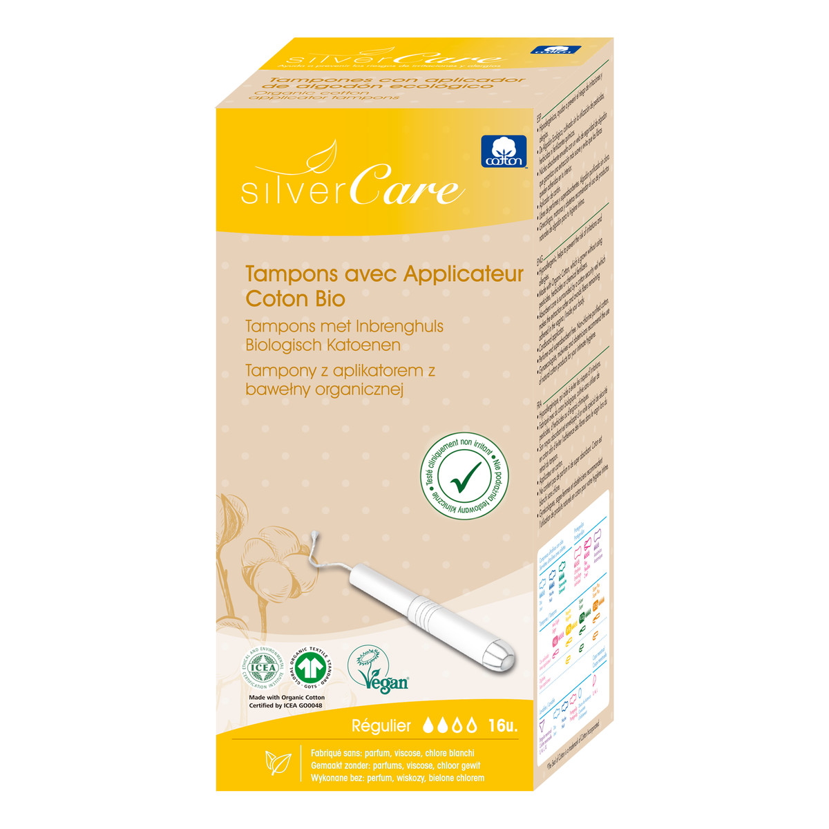 MASMI Silver Care Organiczne bawełniane tampony Regular z aplikatorem 100% bawełny organicznej 16szt