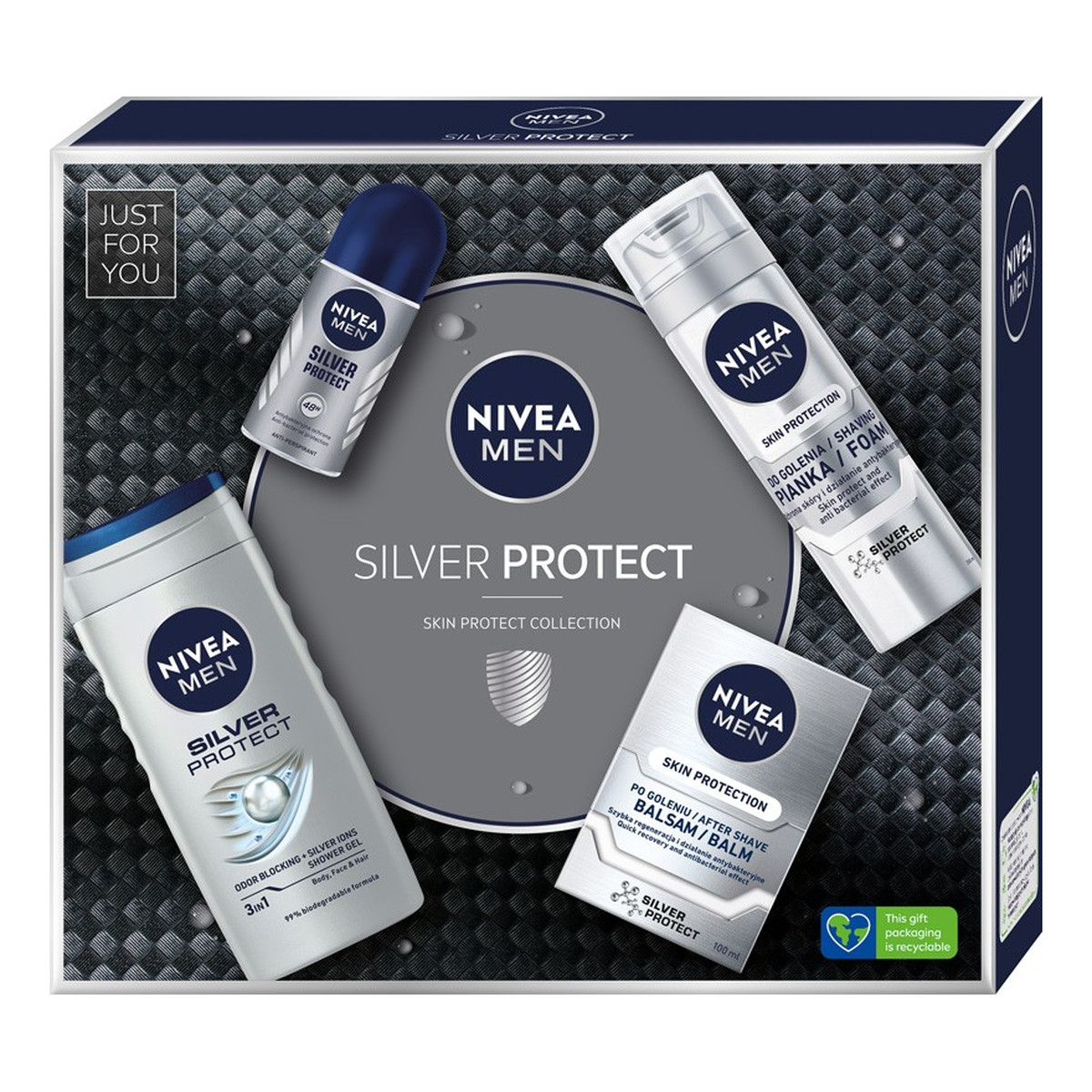 Nivea Men Zestaw prezentowy Silver Protect żel pod prysznic + pianka do golenia + balsam po goleniu + deo roll-on