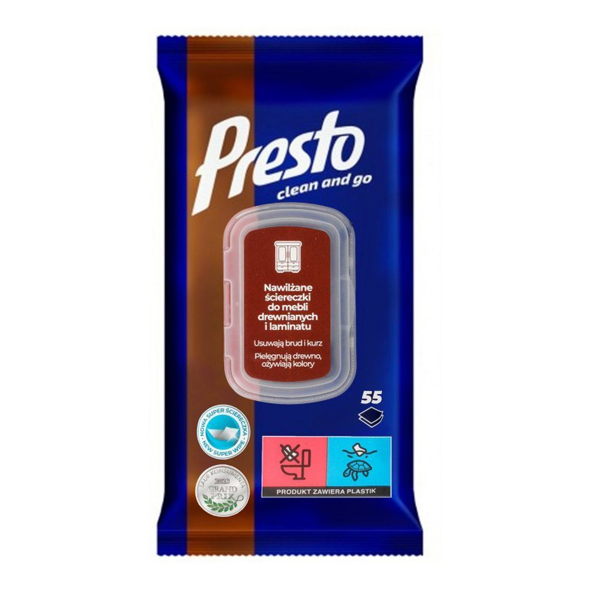 Presto Clean Ściereczki czyszczące+płyn 2w1 do mebli drewnianych zamknięcie pop up 1op.-55szt