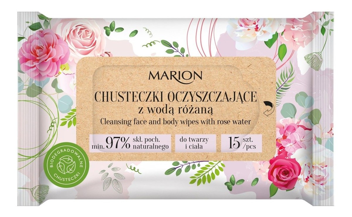 Chusteczki oczyszczające do twarzy i ciała z wodą Różaną 1op.-15szt