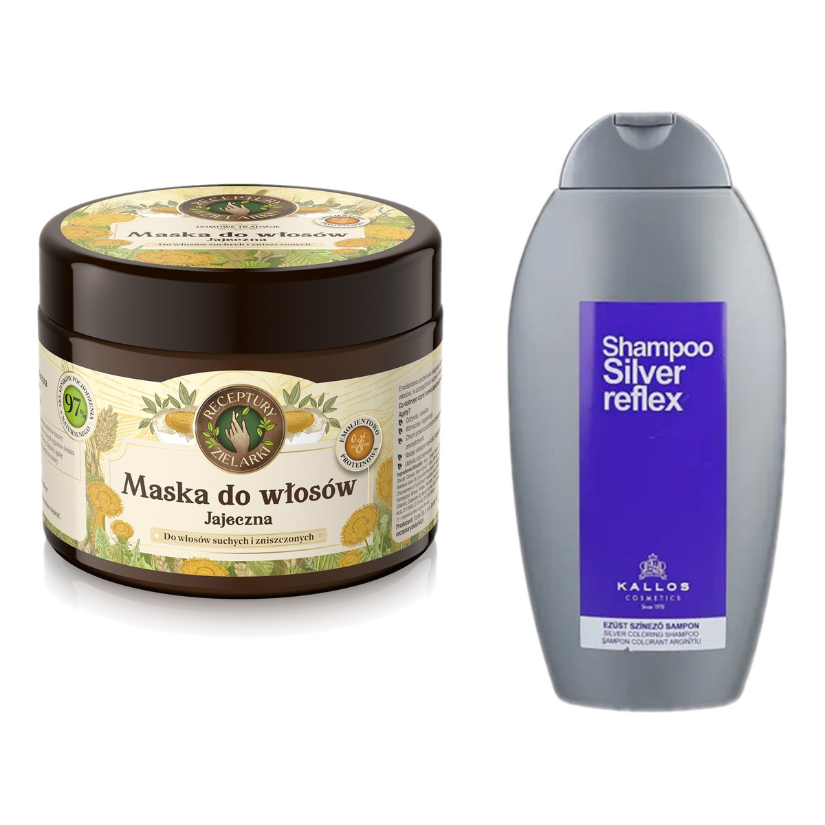 Receptury Zielarki Domowe Tradycje Maska jajeczna do włosów suchych i zniszczonych 300ml + Kallos szampon Silver 350ml