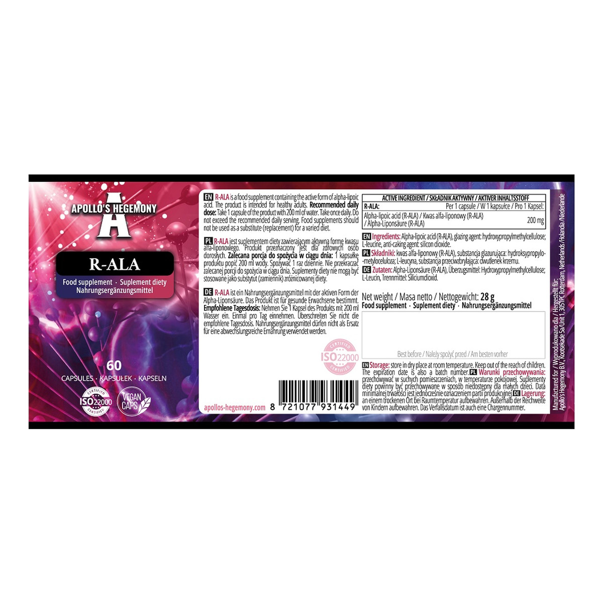 Apollo's Hegemony R-ALA 600 mg suplement diety 60 Kapsułek