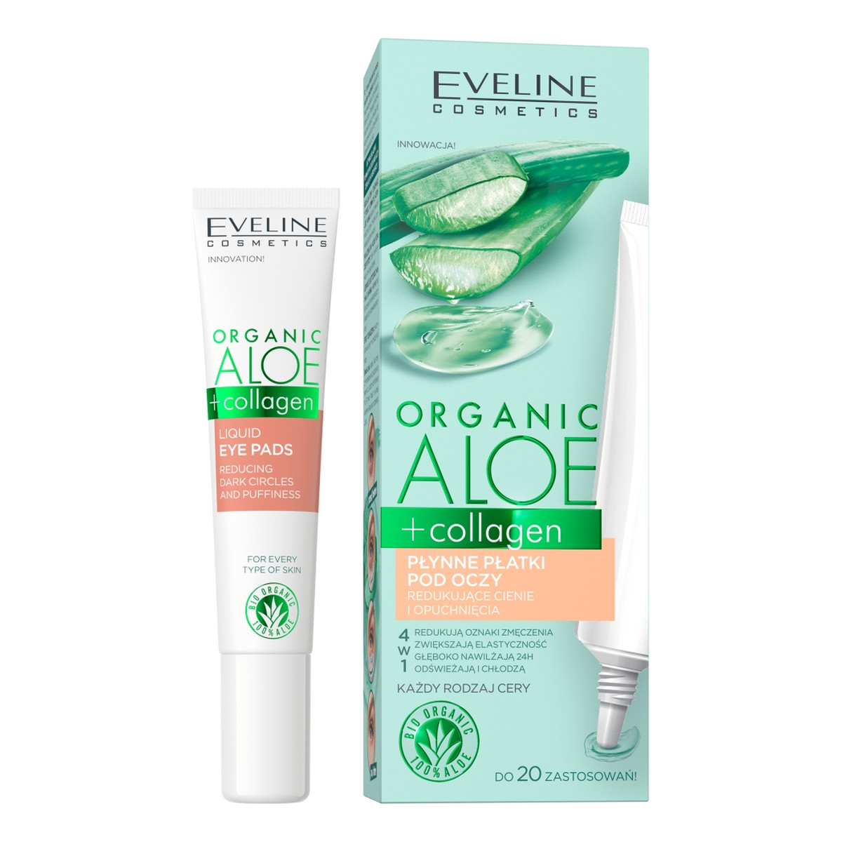 Eveline Organic aloe + collagen płynne płatki pod oczy redukujące cienie i opuchnięcia 4w1