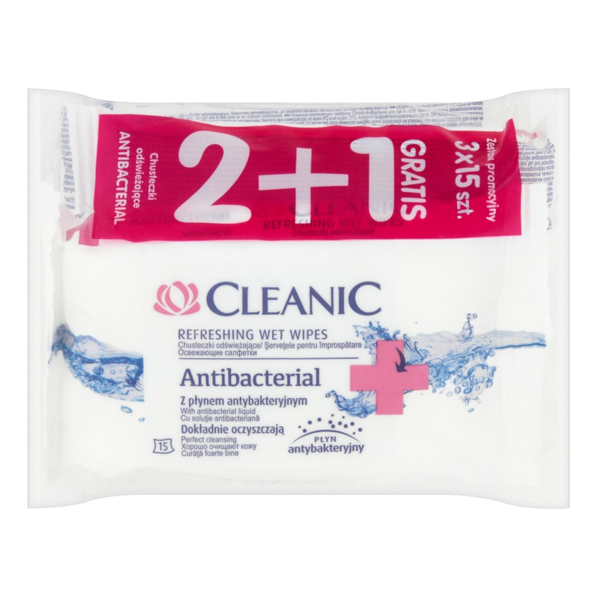 Cleanic Antibacterial Chusteczki odświeżające z płynem antybakteryjnym 3 x 15 sztuk