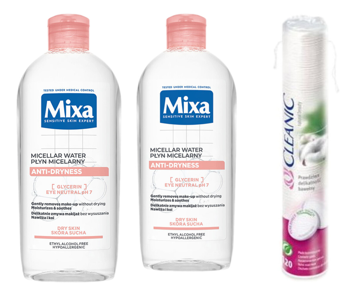 Płyn Micelarny 2x400ml + Cleanic Płatki kosmetyczne 120 szt.