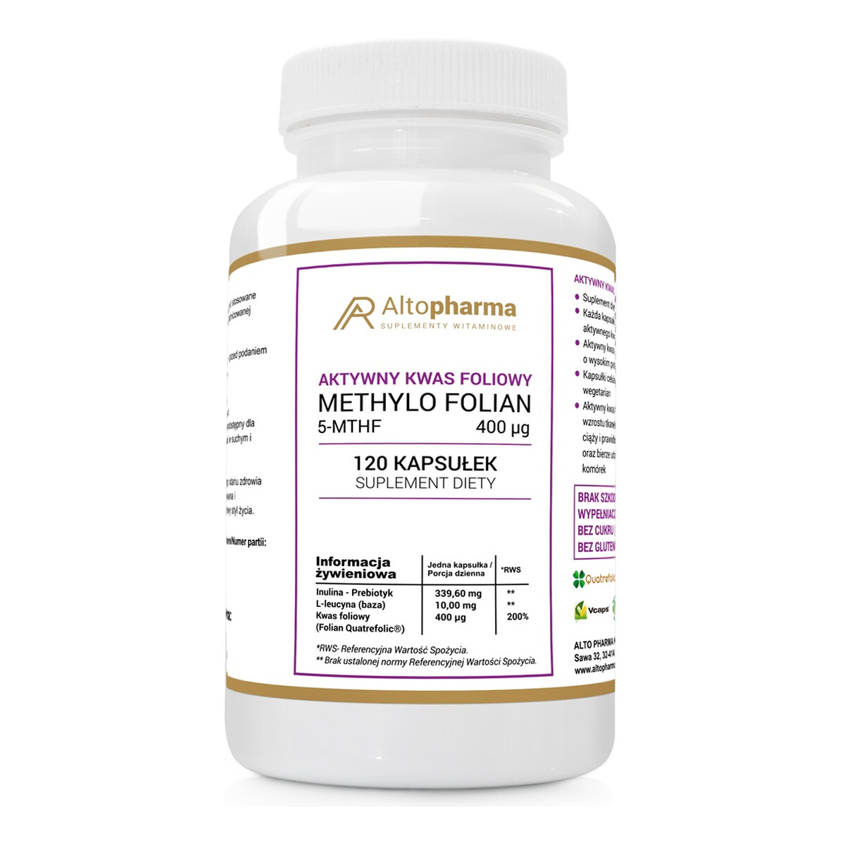 Altopharma Aktywny kwas foliowy methylo folian 5-mthf 400 mcg suplement diety 120 kapsułek