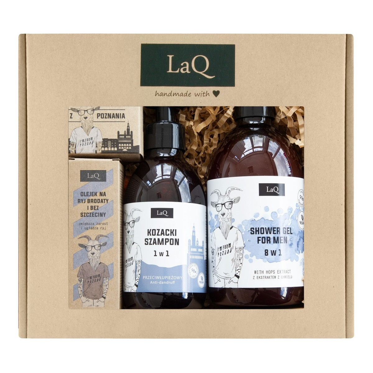 Laq Kozioł z Poznania Zestaw żel pod prysznic 500ml + szampon do włosów 300ml + olejek do brody 30ml + mydło w kostce 85g