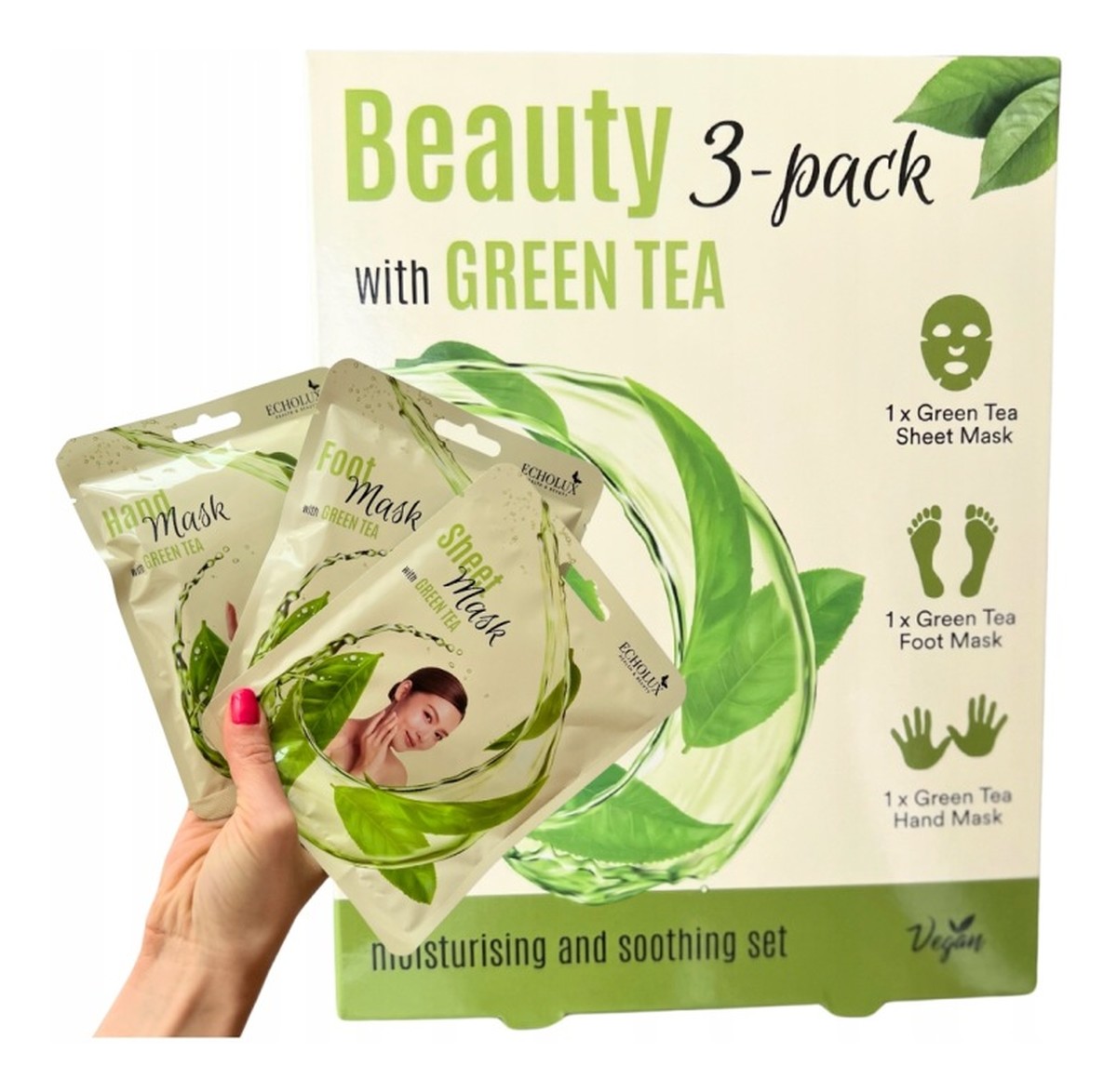 Beauty Green Tea 3w1 zestaw 3 maseczek do twarzy, rąk i stóp x10 opakowań