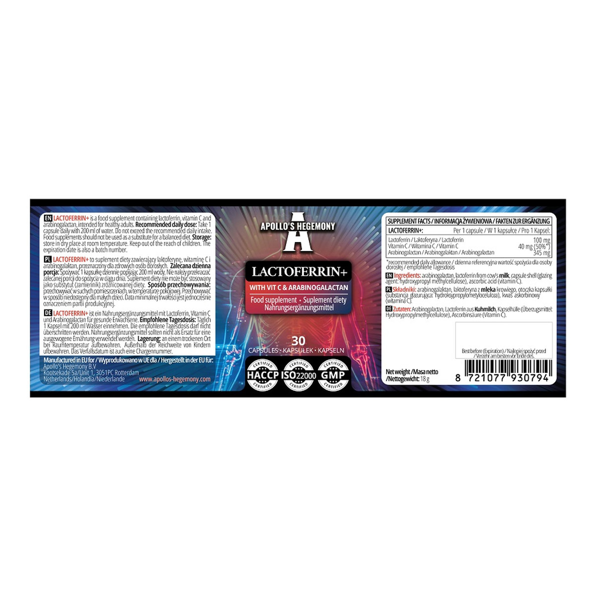 Apollo's Hegemony Lactoferrin+ suplement diety 30 Kapsułek