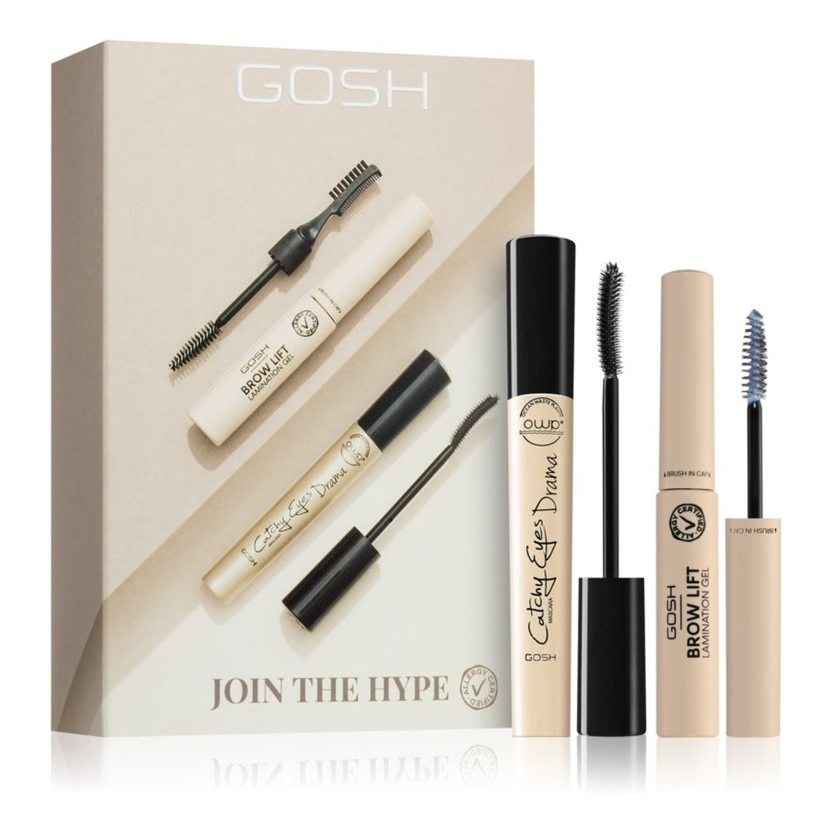 Gosh Join The Hype! Zestaw catchy eyes drama mascara tusz do rzęs 10ml + brow lift laminating gel żel do laminacji brwi 6ml