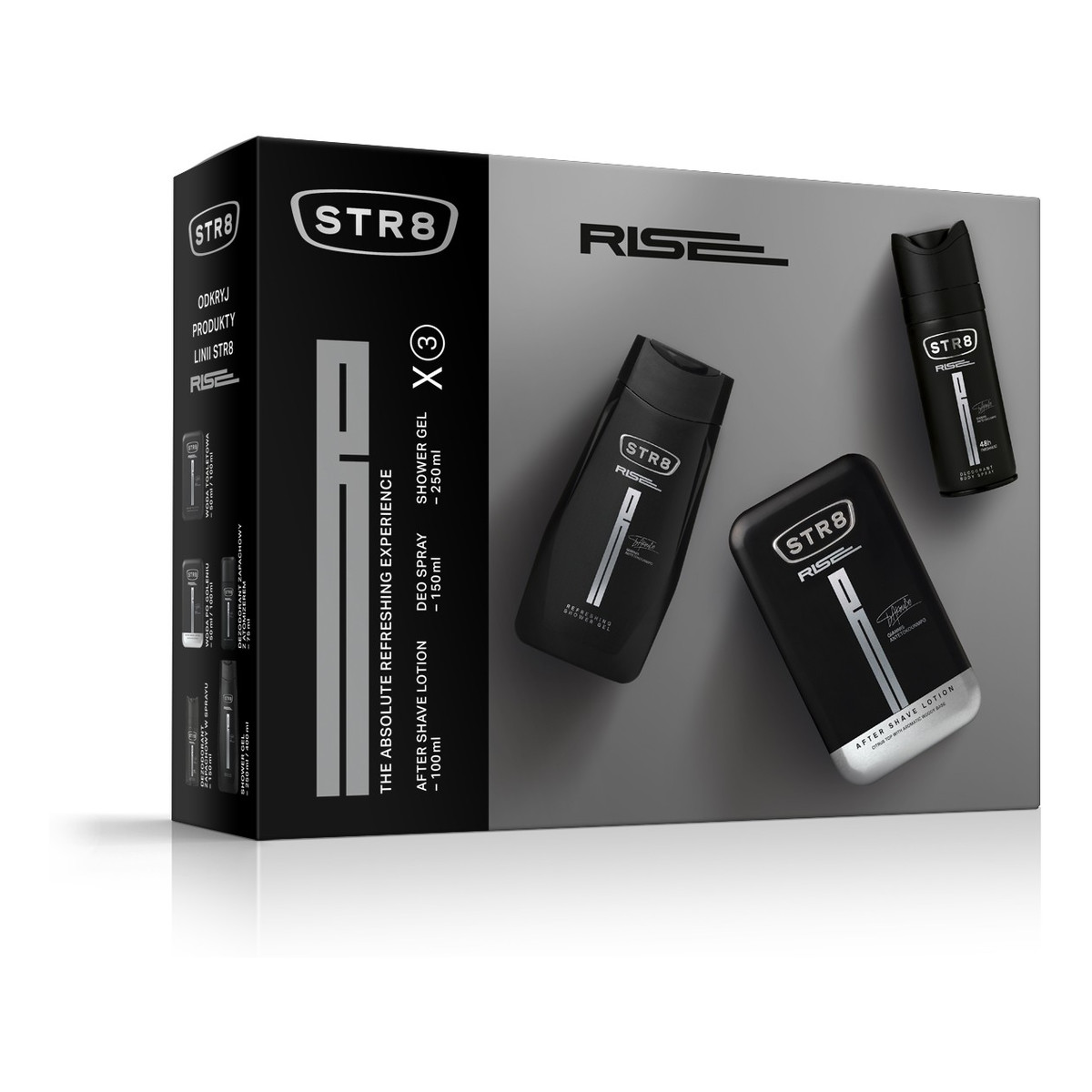 STR8 Rise Zestaw prezentowy (dezodorant spray 150ml+żel pod prysznic 250ml+płyn po goleniu 100ml) 500ml