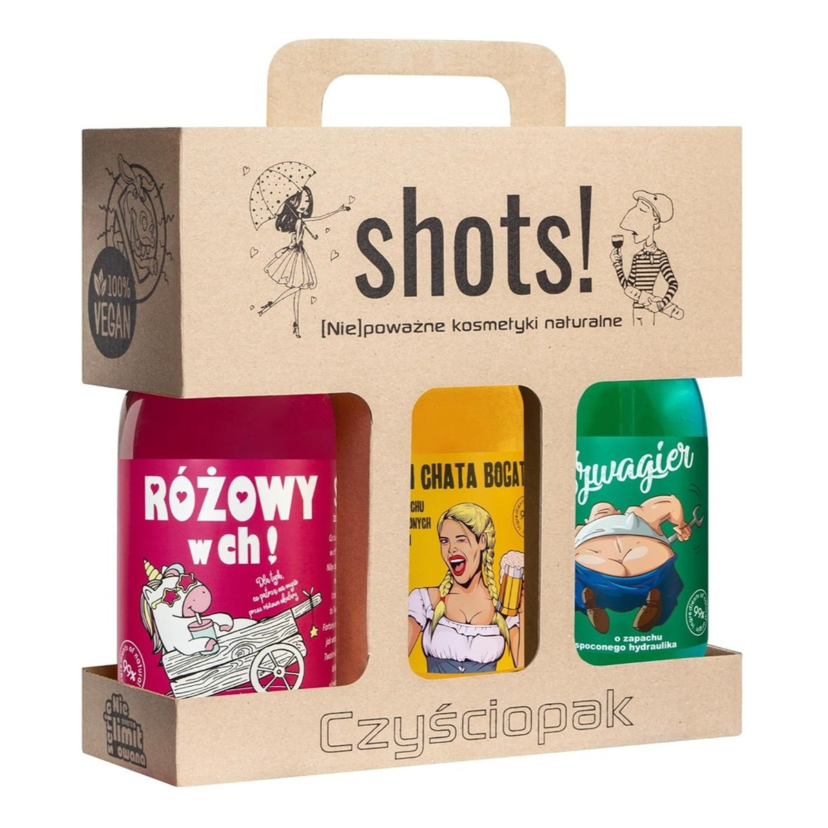 Laq Shots! Czyściopak Zestaw różowy w ch! żel pod prysznic 500ml + czym chata bogata żel pod prysznic 500ml + szwagier żel pod prysznic 500ml