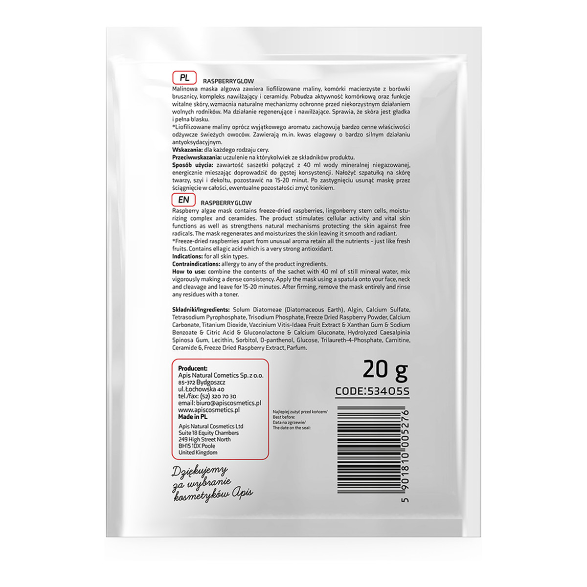 Apis Raspberry Glow Algae Mask Maska algowa z liofilizowanymi malinami 20g