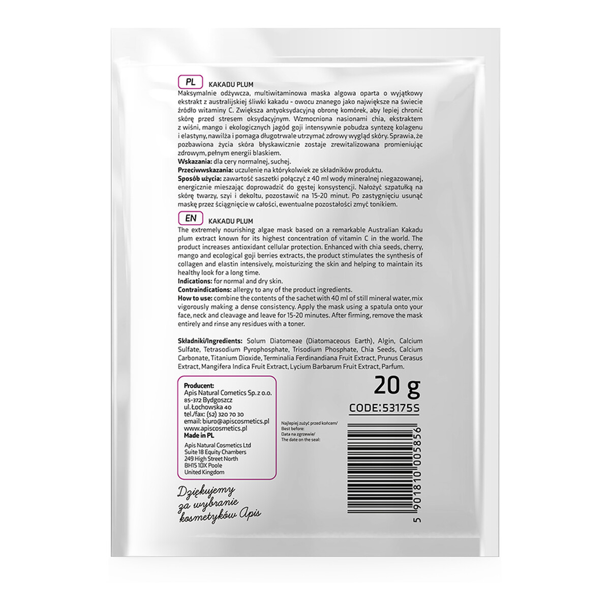 Apis Kakadu Plum śliwkowa maska algowa z nasionami chia 20g