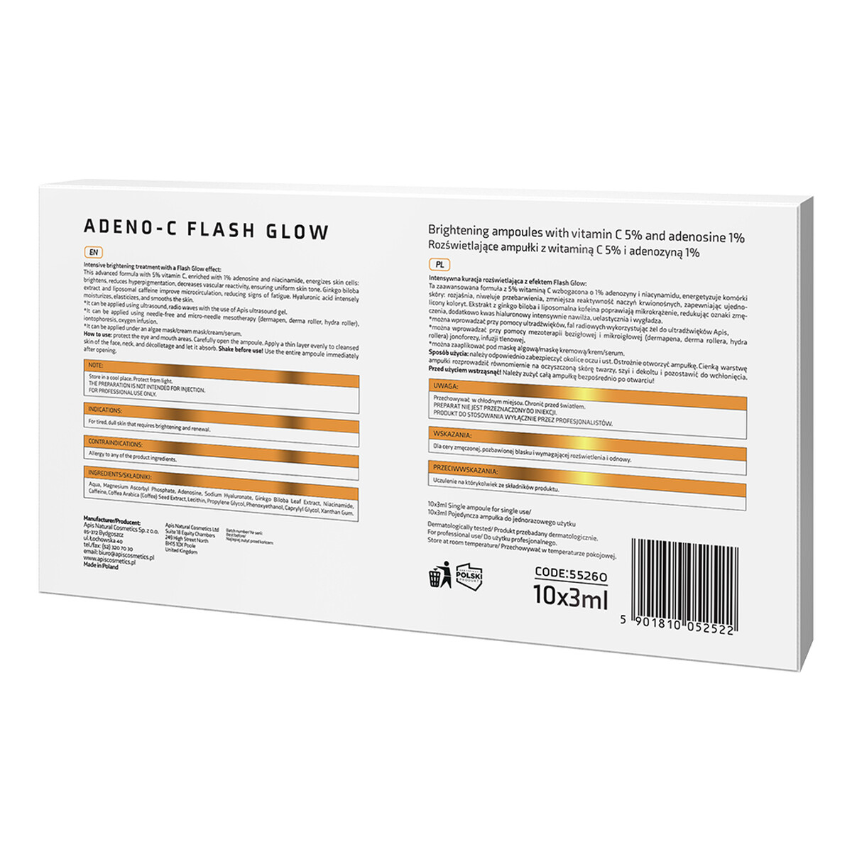 Apis ADENO-C Flash Glow Rozświetlające ampułki do twarzy z witaminą C i adenozyną 30ml