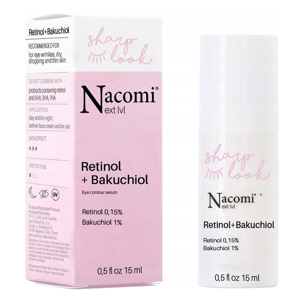 Nacomi Next level Serum pod oczy przeciwzmarszczkowe Retinol 0,15% +Bakuhiol 1% 15ml
