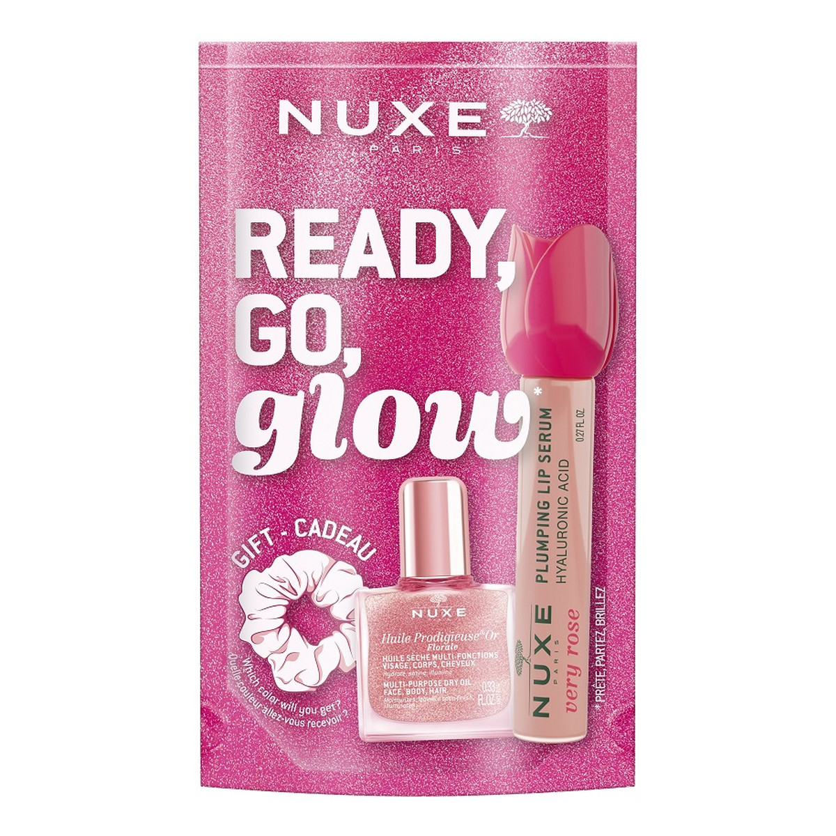 Nuxe Ready Go Glow zestaw suchy olejek regenerujący 10ml + nawilżające serum powiększające usta 8ml + gumka do włosów