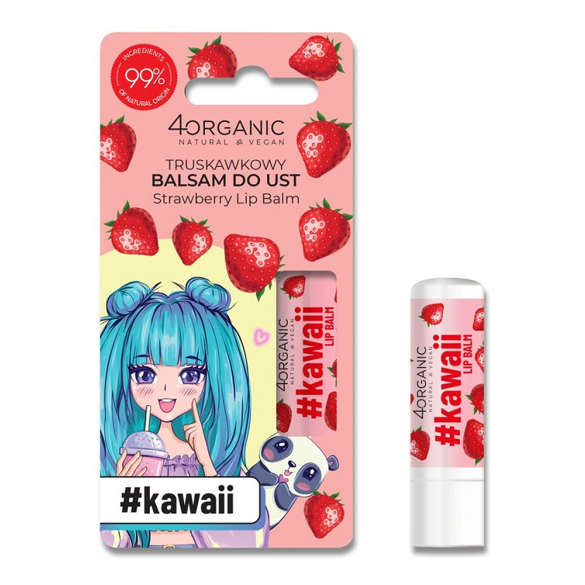4organic #Kawaii naturalny Balsam do ust strawberry 5g