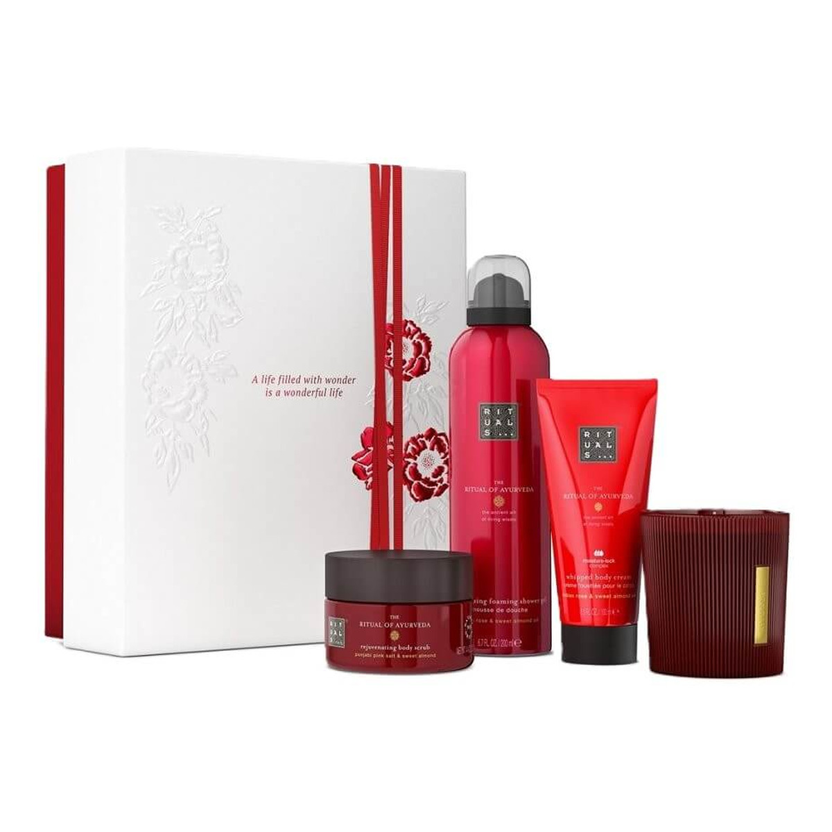 Rituals The Ritual Of Ayurveda świeca zapachowa 140g + krem do ciała 100ml + peeling do ciała 125g + pianka pod prysznic 200ml