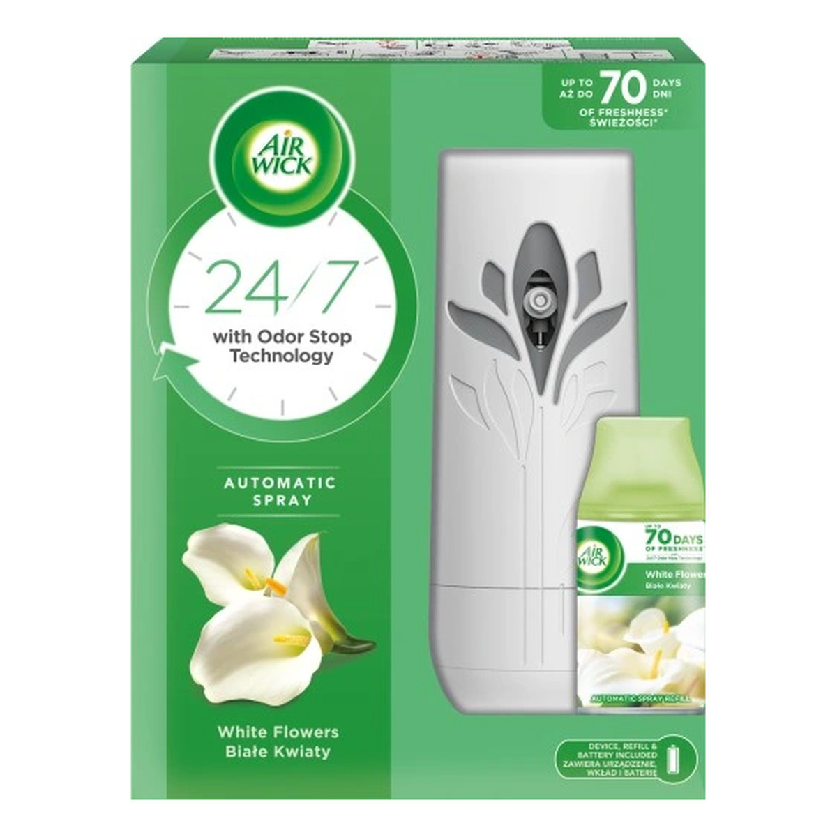Air Wick Freshmatic dyfuzor + bateria AA 2szt + wkład Białe Kwiaty 250ml
