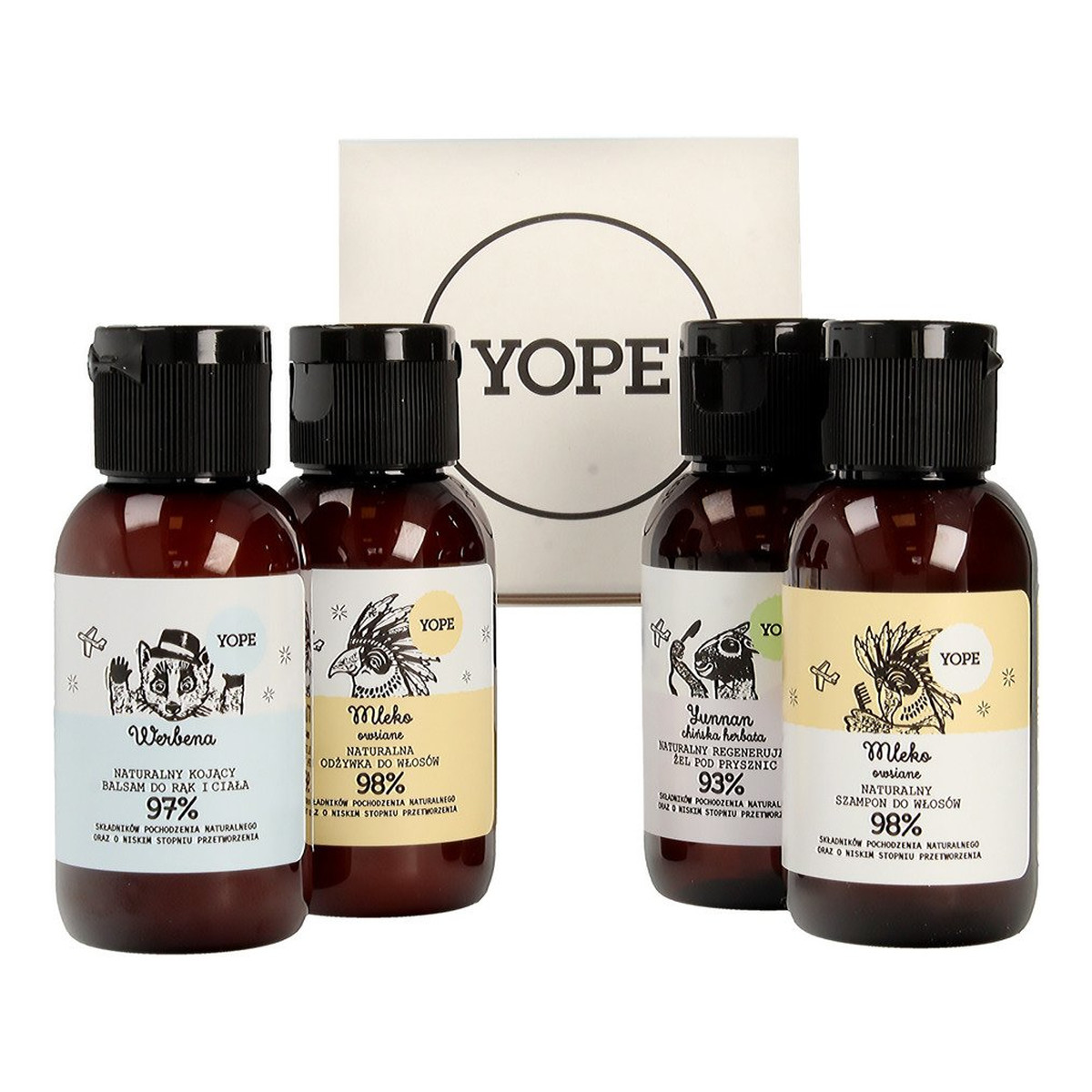 Yope Mini zestaw (szampon 40ml + odżywka do włosów 40ml + żel pod prysznic 40ml + balsam do ciała 40ml)