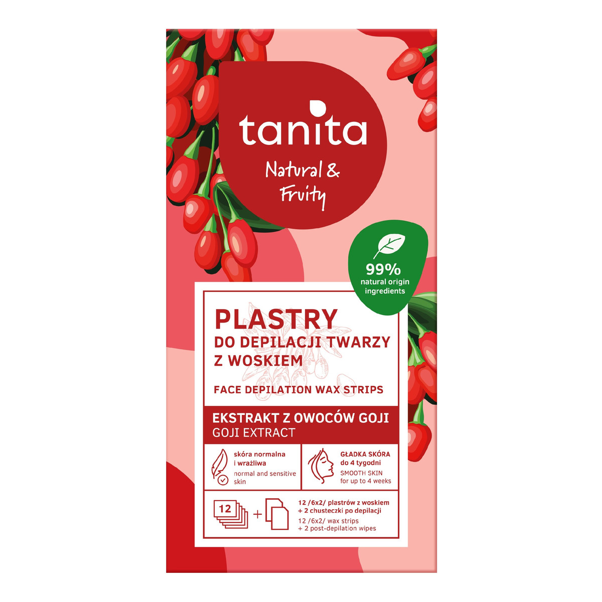 Tanita Natural & Fruity Plastry do depilacji twarzy z woskiem - z ekstraktem z owoców Goji 12 sztuk (6x2)+ 2 chusteczki po depilacji