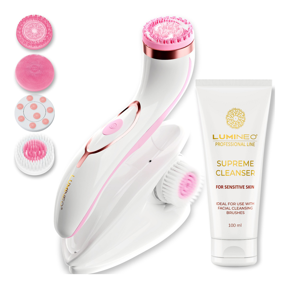 Lumineo Professional line szczoteczka do twarzy brush pro różowa + Żel oczyszczajacy lumineo do skóry wrażliwej 100 ml