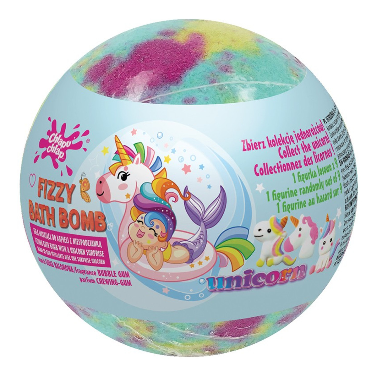 Chlapu Chlap Musująca kula do kąpieli z niespodzianką unicorn-bubble gum (guma balonowa) 1szt