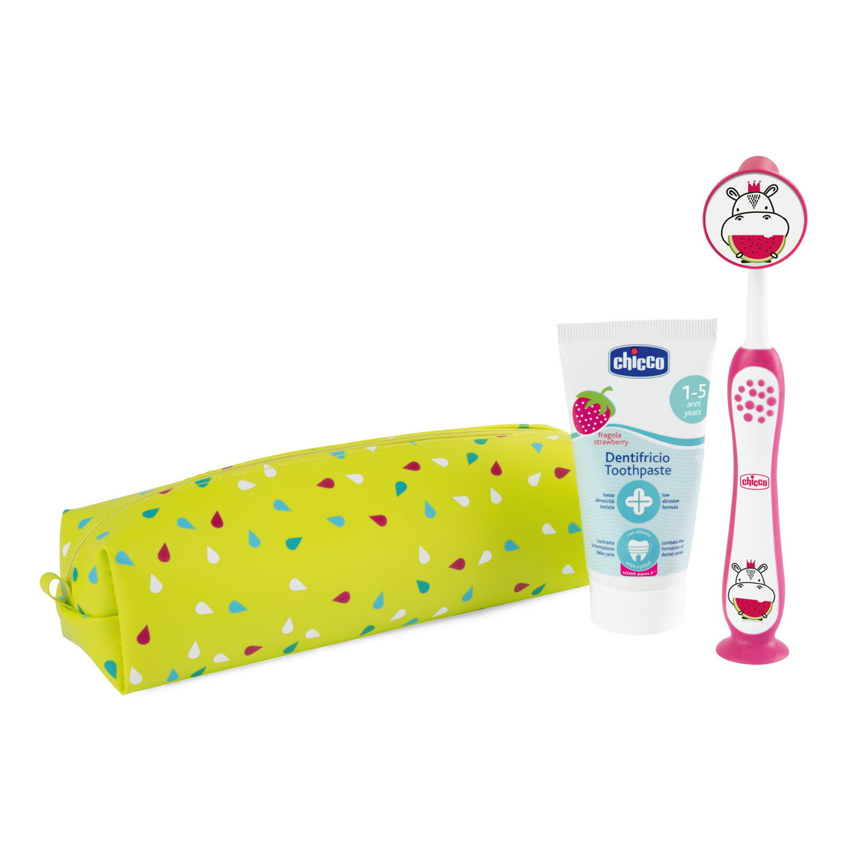 Chicco Always Smiling Zestaw podróżny pasta do zębów 50ml + szczoteczka do zębów + etui 3-6l hippo