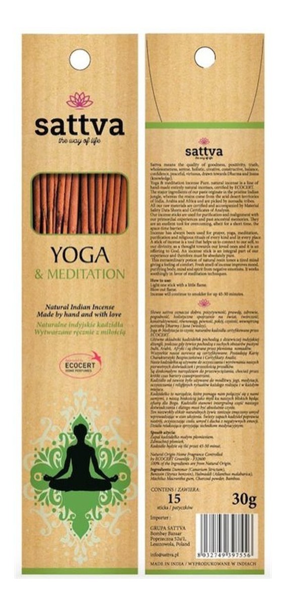 Naturalne Indyjskie Kadzidła Wytwarzane Ręcznie Z Miłością Yoga&Meditation 15szt